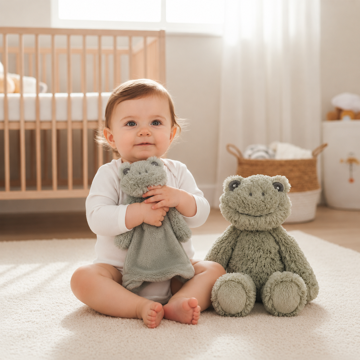 Baby holding a frog plush toy and comforter in a nursery setting