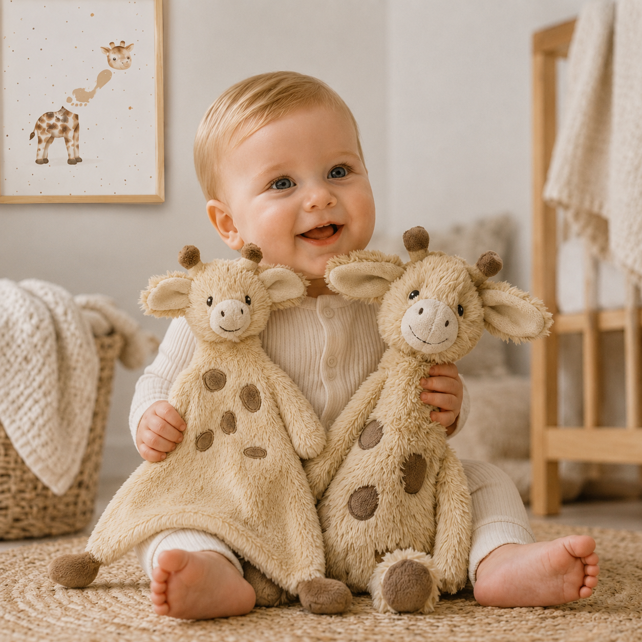 Baby holding two plush giraffe toys in a nursery setting