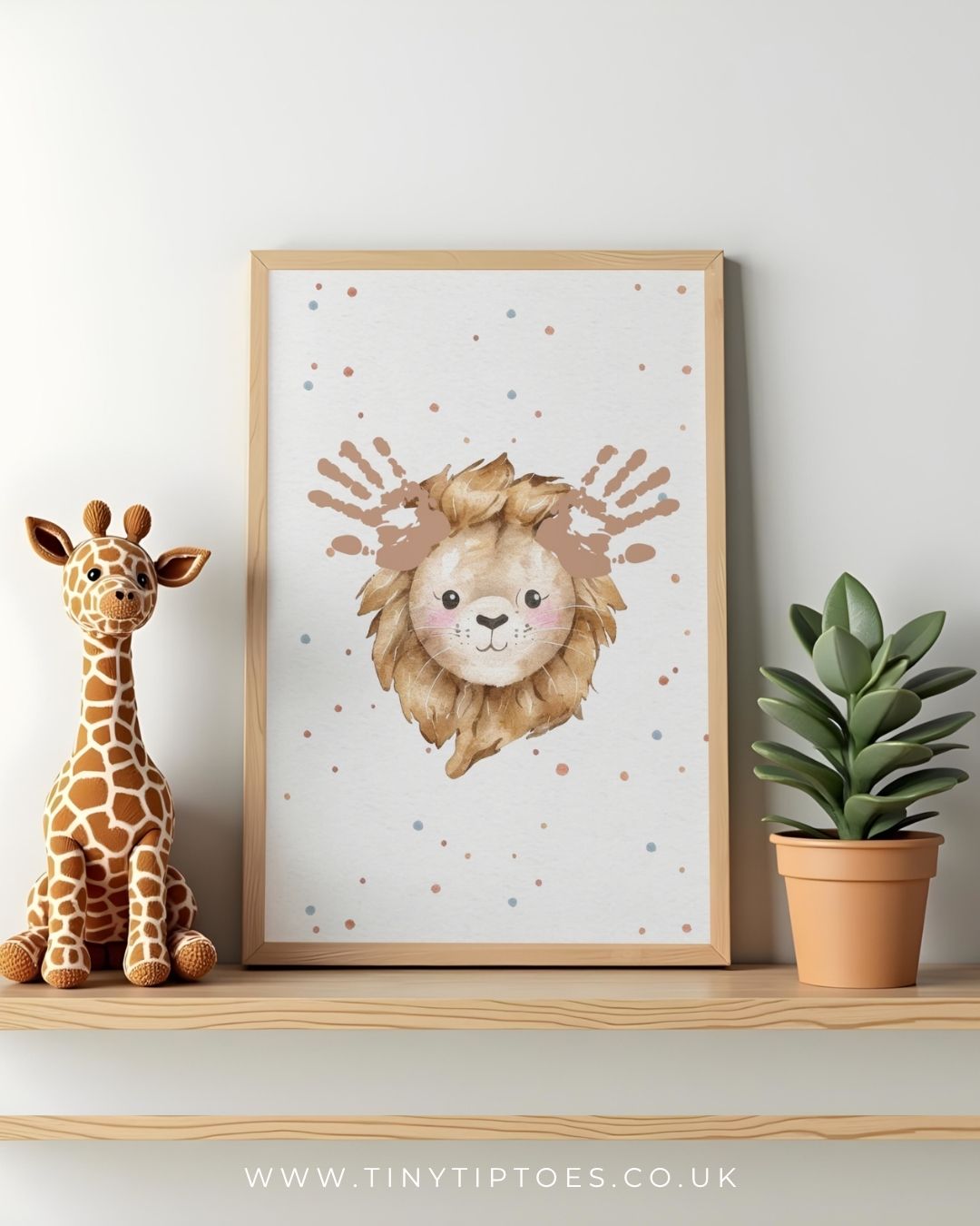 Frame lion illustration with handprint ears in baby's nursery