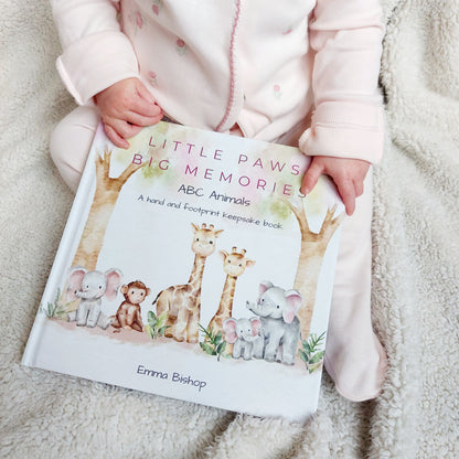 Little Paws Big Memories ABC Animals baby handprint and footprint keepsake memory book kit. Newborn baby gift idea, baby shower gift idea. Christening present. Baby scan photo and newborn baby hat.