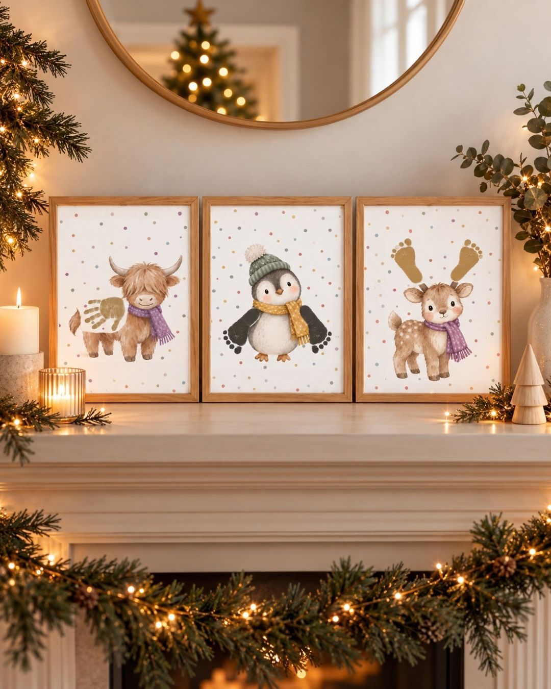 Three framed winter animal art prints displayed on a fireplace mantel in a decorated Christmas setting. The prints show a Highland cow, a penguin, and a deer with antlers, each on a white background with small red dots and a light wood frame.