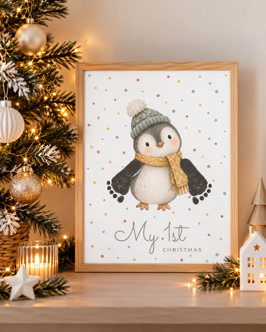 A framed Christmas art print featuring a cute penguin wearing a green knit hat and yellow scarf, with the text 'My 1st Christmas' on a white background. The frame is styled on a wooden shelf next to a decorated Christmas tree, candles, and a small house. Black baby footprints complete the penguin image.