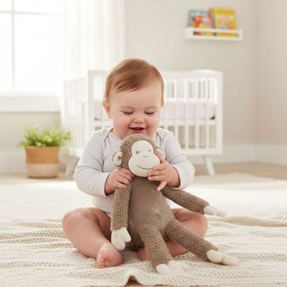 Baby holding a plush monkey toy in a nursery setting