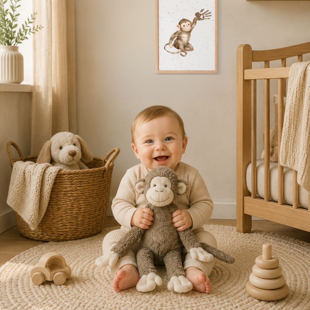 Baby holding a monkey plush toy in a nursery with wooden crib and toys.