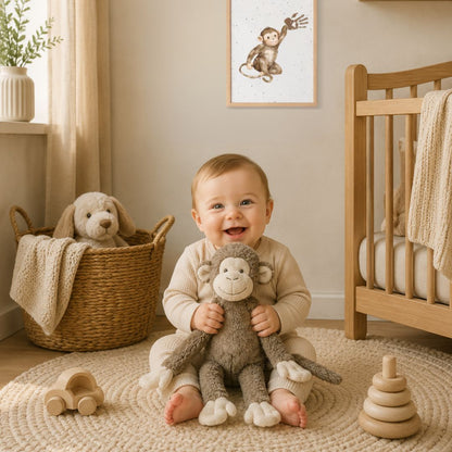 Baby holding a monkey plush toy in a nursery with wooden crib and toys.