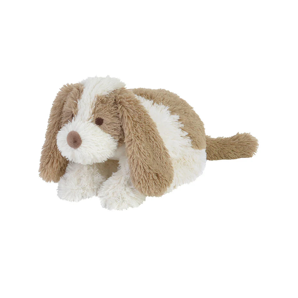 Plush toy dog with brown and white fur on a white background