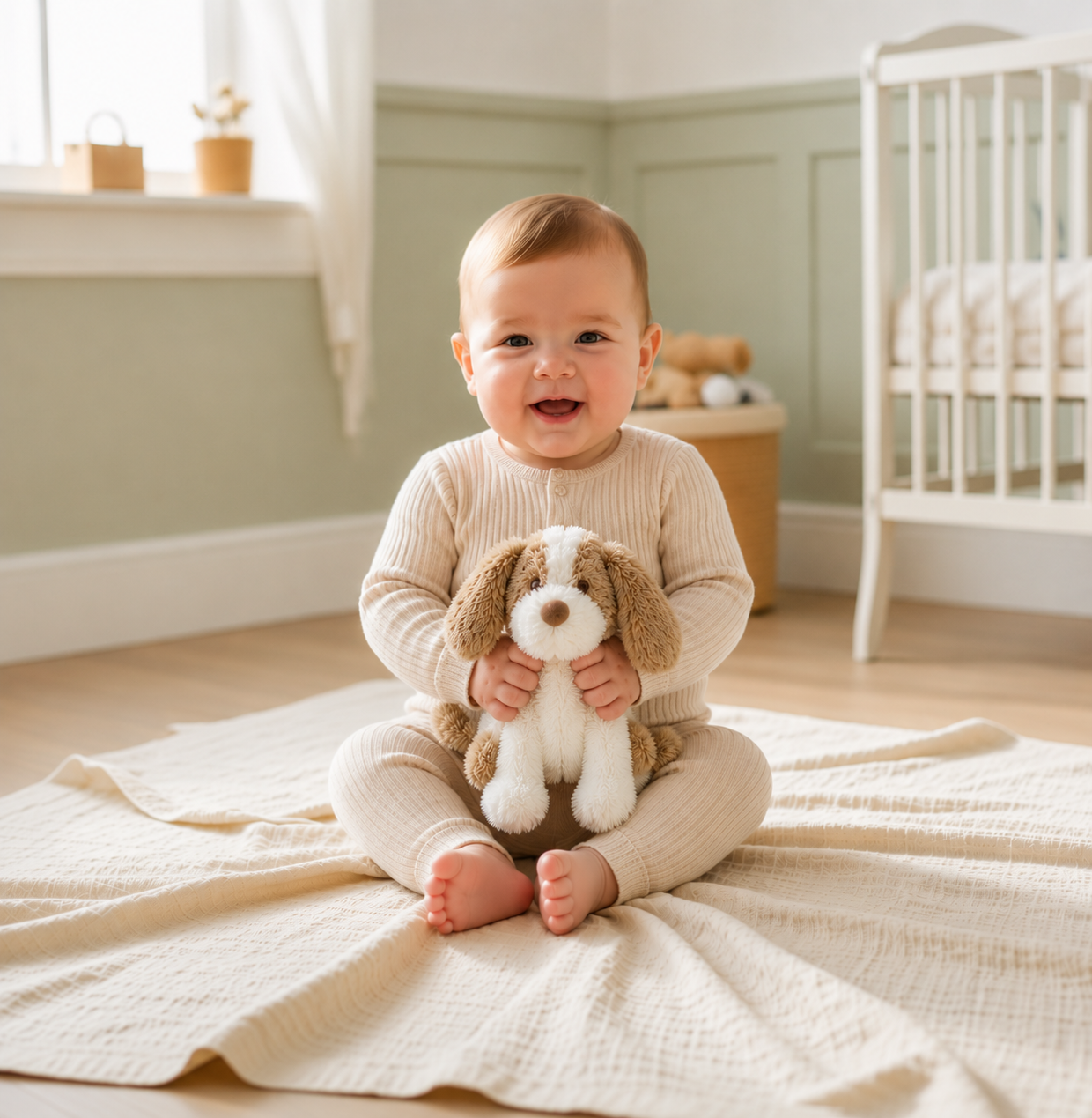 Baby sitting on a blanket holding a plush dog toy in a nursery