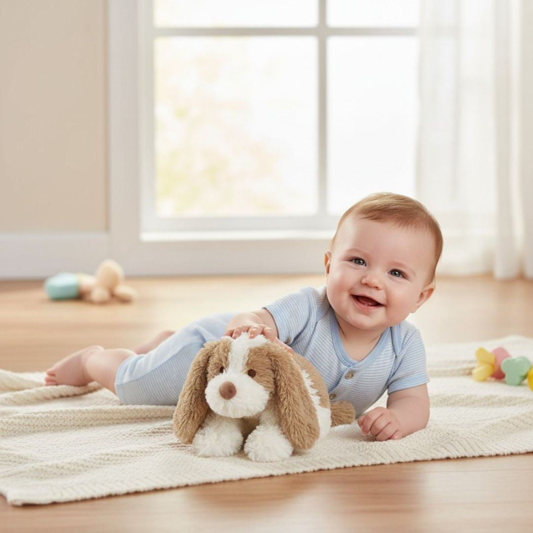 Baby lying on a rug holding a plush toy dog in a bright room