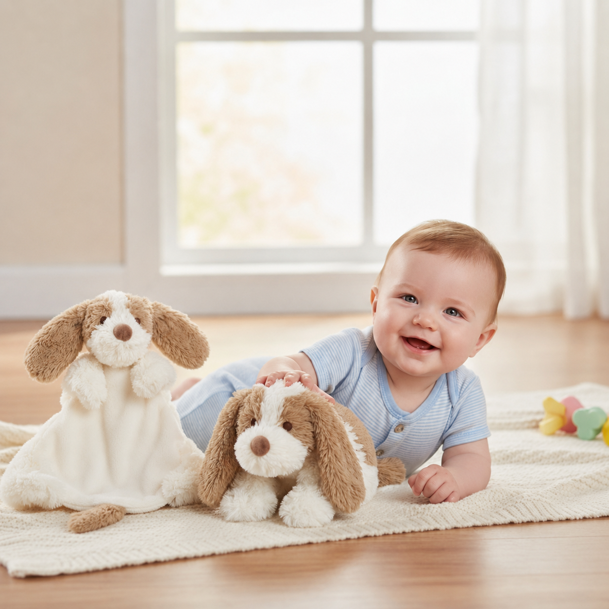 Baby playing with two plush dog toys and comforter on a rug in a bright room.