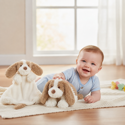 Baby playing with two plush dog toys and comforter on a rug in a bright room.