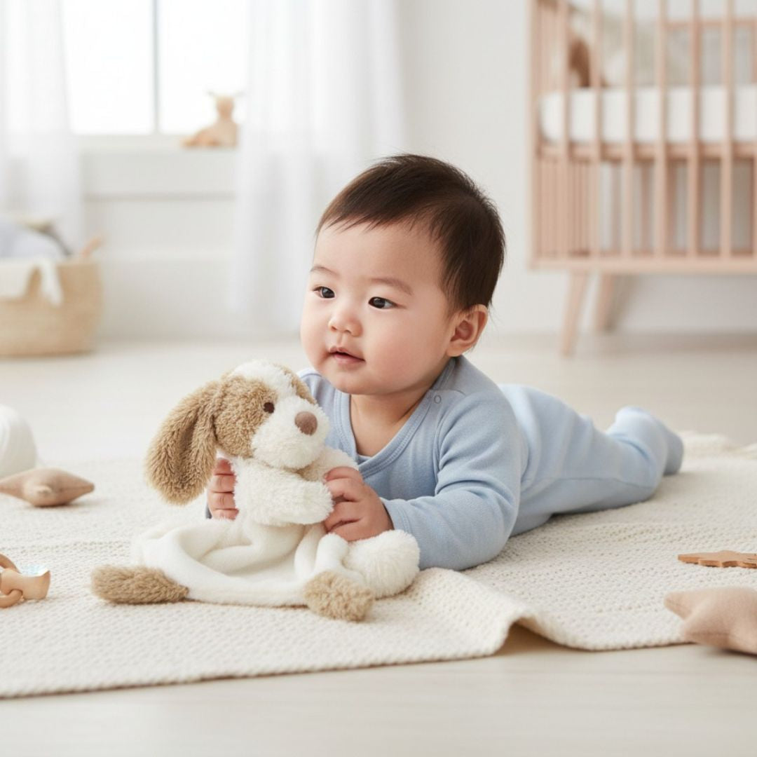 Baby lying on a rug holding a plush toy dog comforter in a bright, minimalistic room.