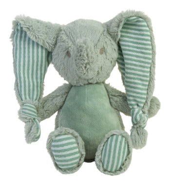 Green soft Plush elephant toy with striped ears and legs on a white background