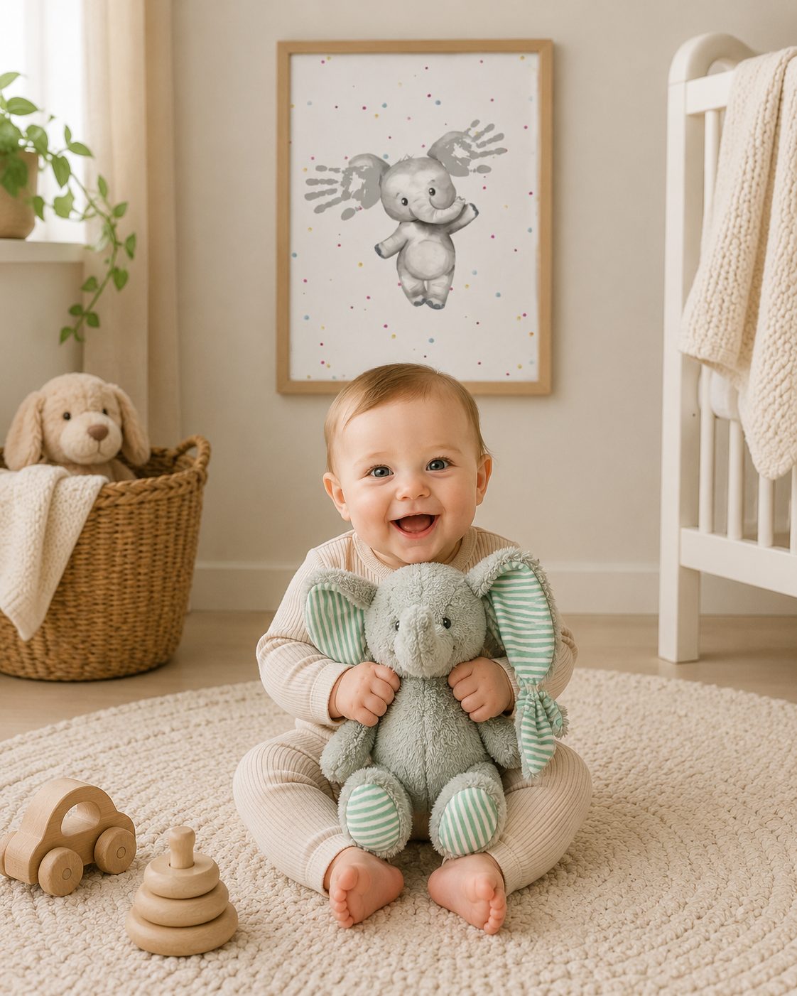 Baby smiling at the camera in a nusery holding a soft plush toy green elephant, with an framed picture of an elephant with handprints hanging behind him