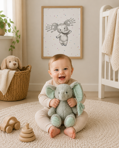 Baby smiling at the camera in a nusery holding a soft plush toy green elephant, with an framed picture of an elephant with handprints hanging behind him