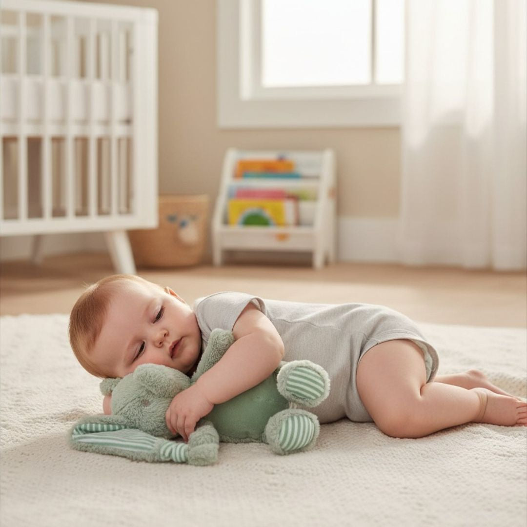 Baby lying on a blanket with a green plush toy elephant in a nursery