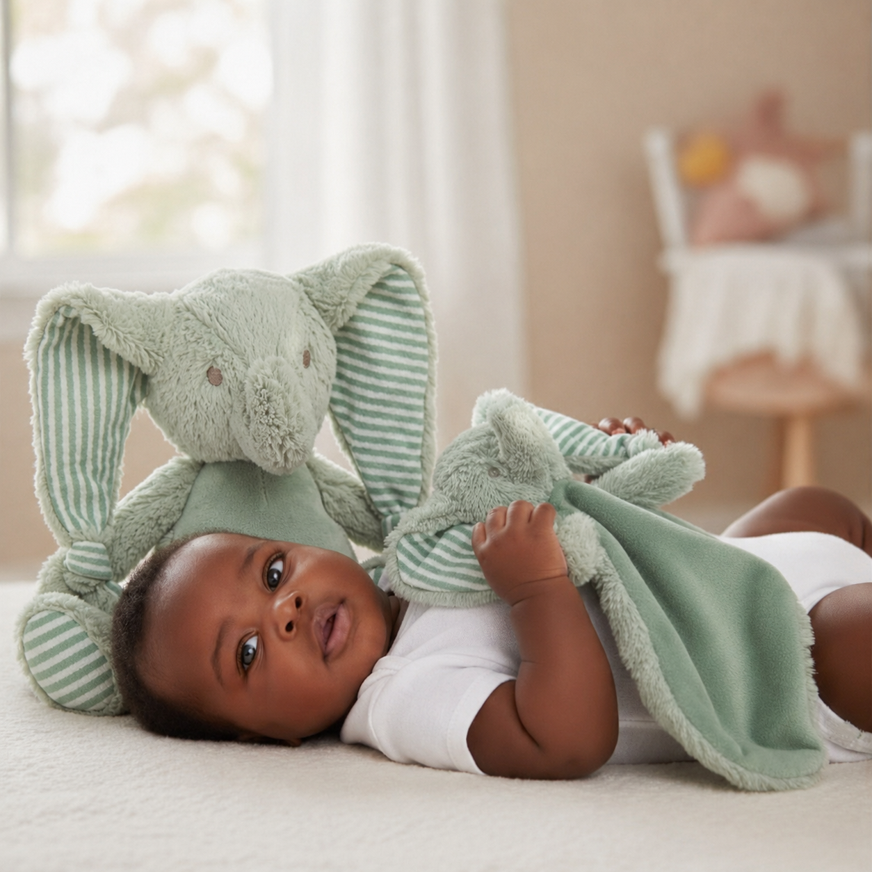 baby lying on a bed with green plush toy elephant and comforter