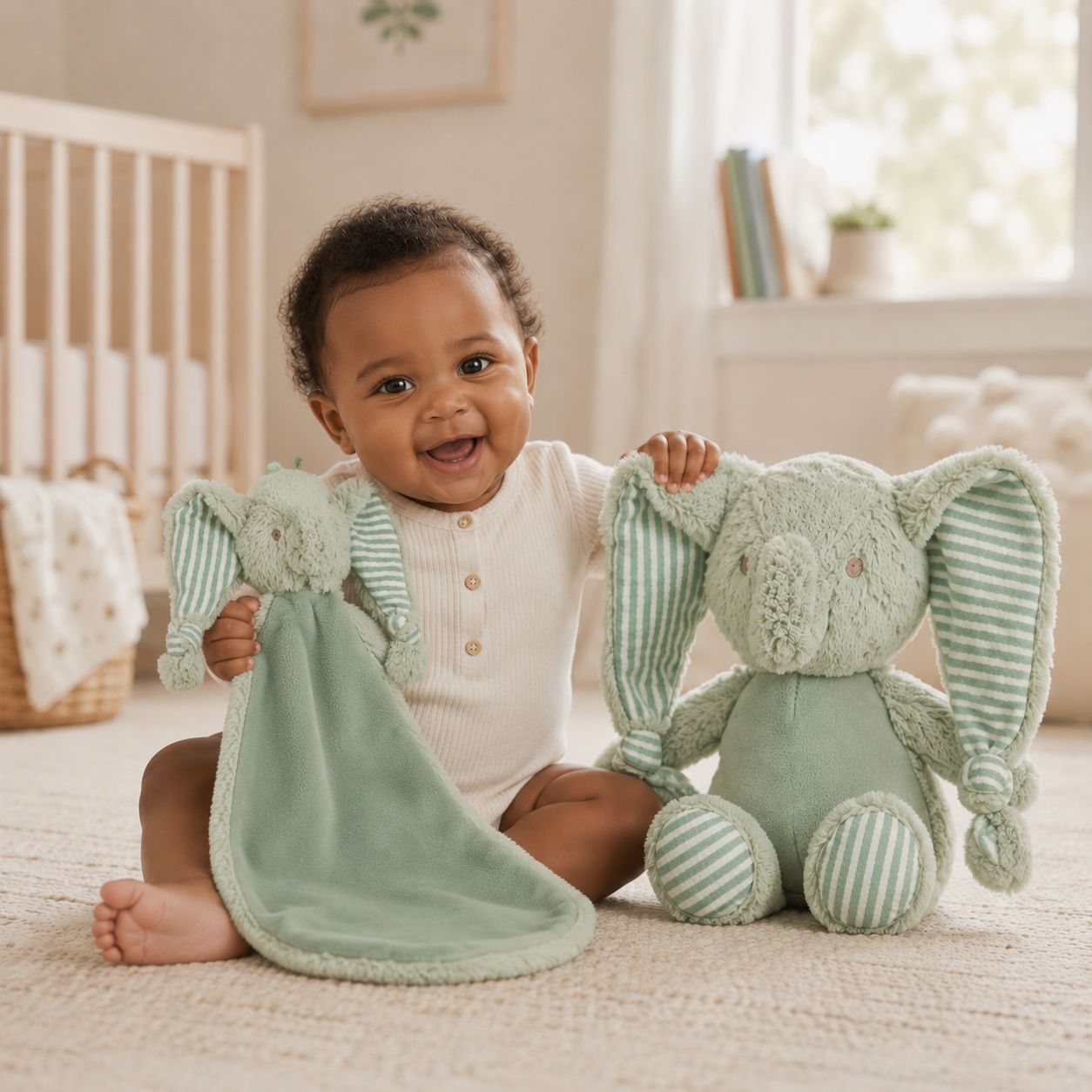 Baby holding two green plush toy elephants in a nursery setting