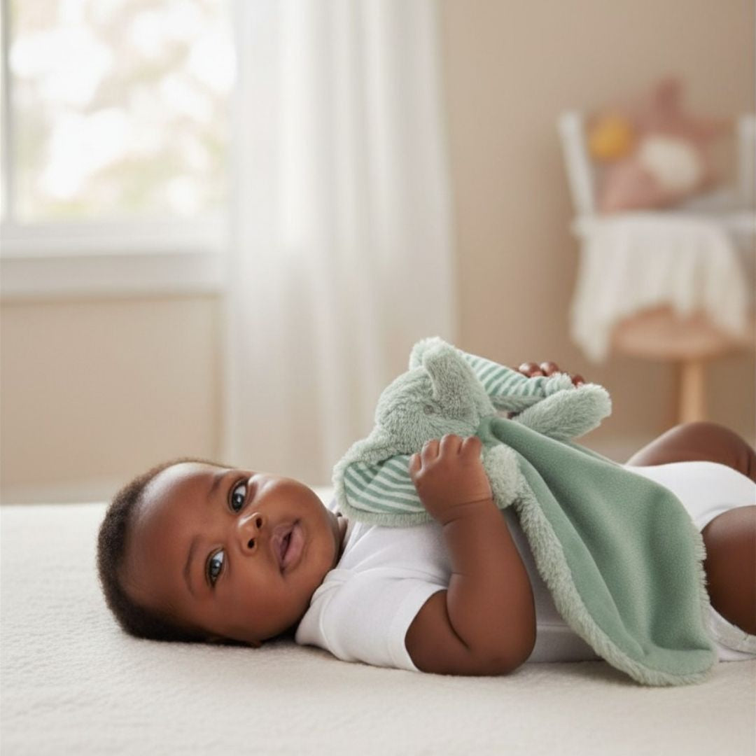 Baby lying on a clean bed with a plush soft toy elephant comforter