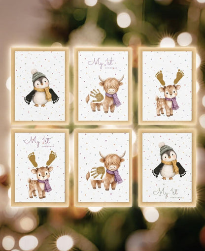 Six framed baby keepsake prints featuring a cute watercolor animal illustration such as a penguin, highland cow, and reinseer all completed with baby's hand and footprints.