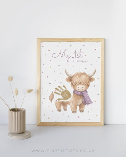 'My First Christmas' Highland Cow Baby Handprint Keepsake | Personalised Nursery Print