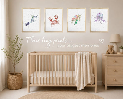Framed hand & footprint nursery decor prints. Displayed on baby's nursery wall.
