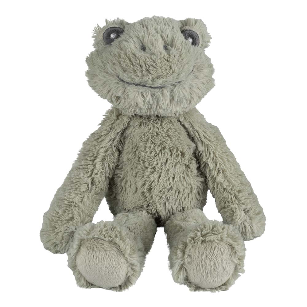 Sage green soft toy frog with smiling face sitting on a white background