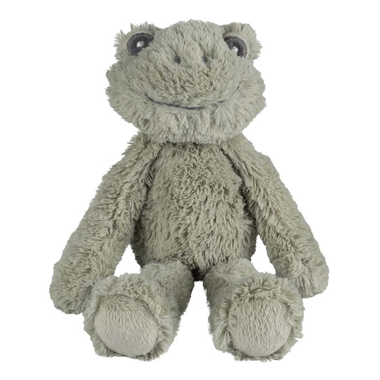 Sage green soft toy frog with smiling face sitting on a white background