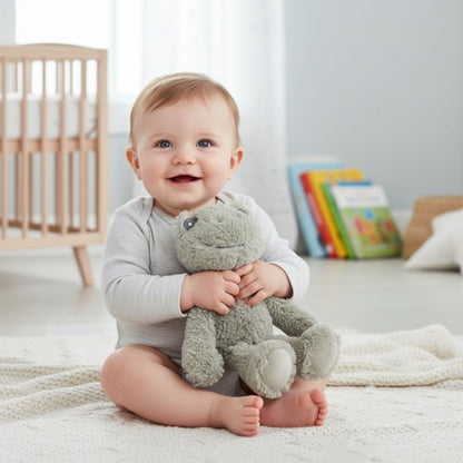 Baby holding a plush toy frog in a cozy room with a books and cot