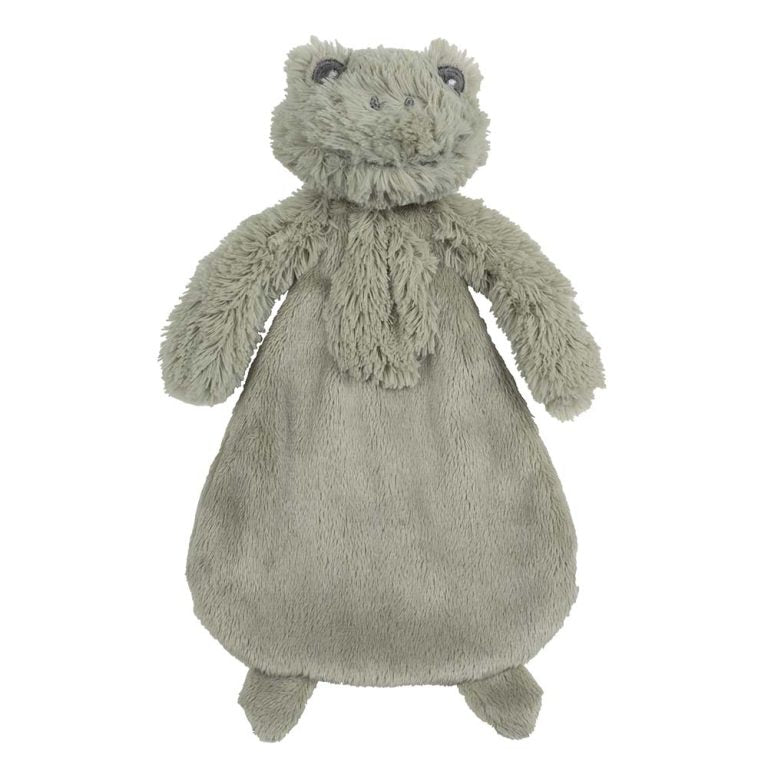 Plush frog toy with soft textured body on a white background. baby comforter 