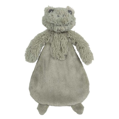 Plush frog toy with soft textured body on a white background. baby comforter 