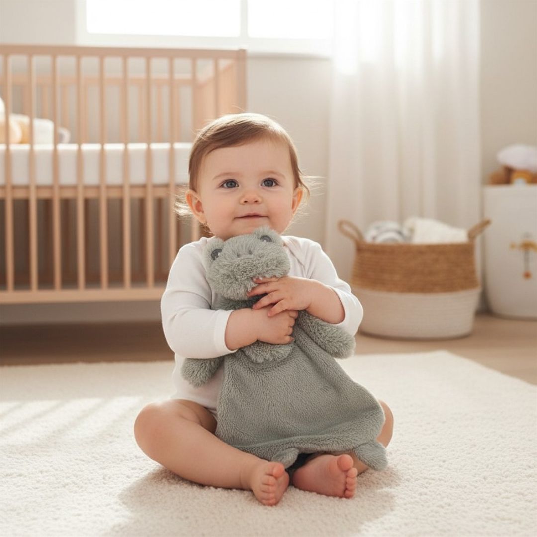 Baby sitting on a rug holding a soft toy frog comforter in a nursery