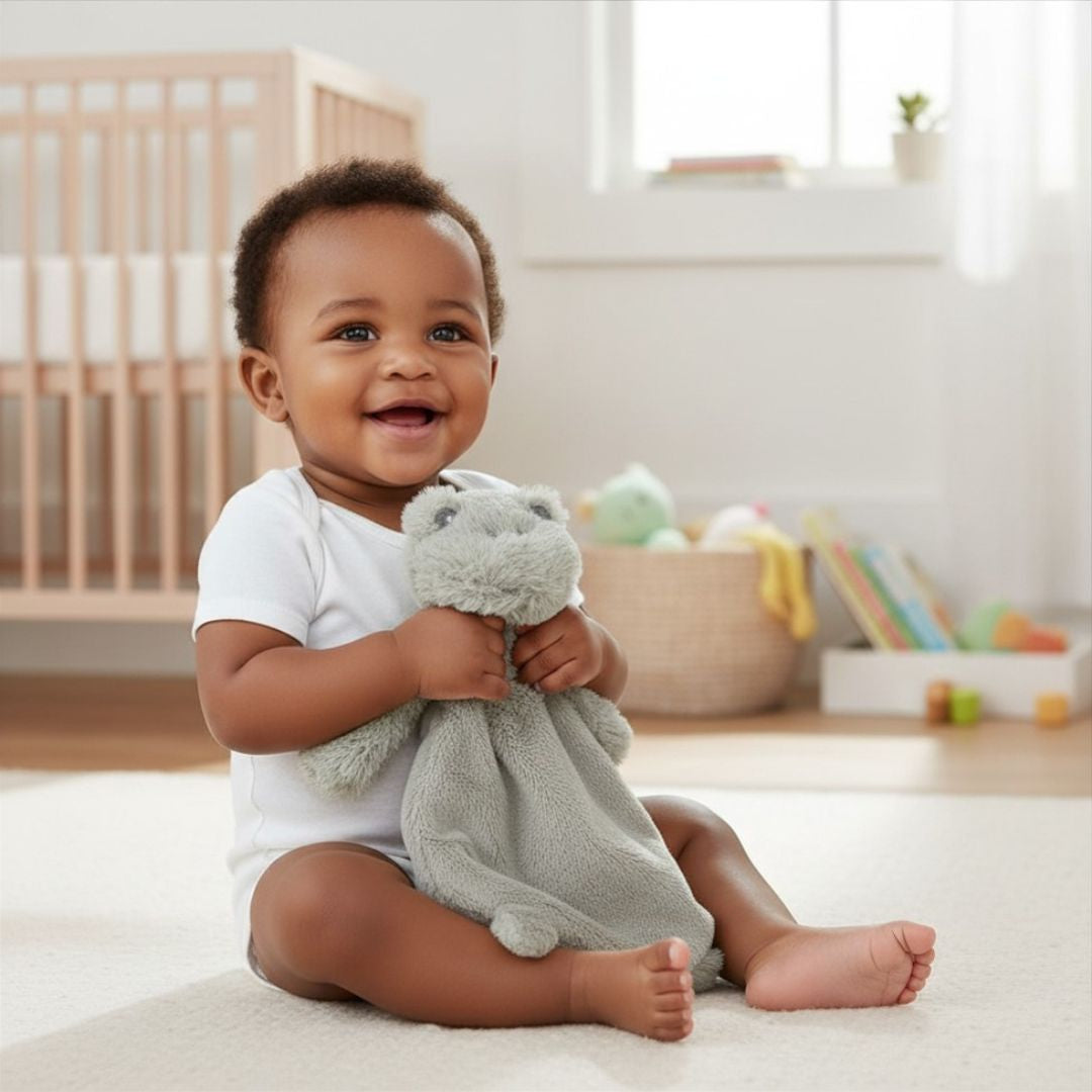 Baby in a nursery holding a plush soft toy frog comforter with cot, books and toy basket in the background