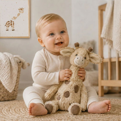 Baby holding a plush giraffe toy in a room with a framed picture of a giraffe with footprint on the wall.