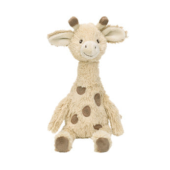 Plush giraffe toy with brown spots on a white background