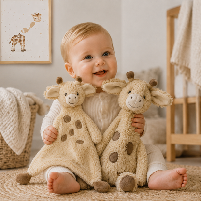 Baby holding two plush giraffe toys in a nursery setting