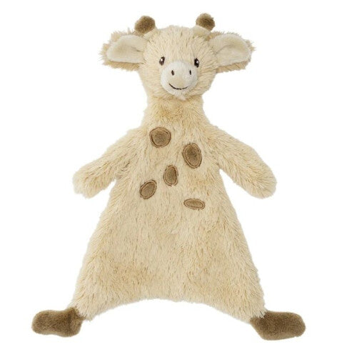 Plush toy giraffe with brown spots on a white background. baby comforter