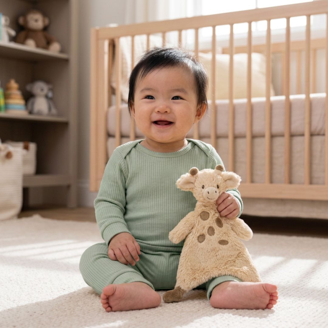 Baby in a green outfit holding a plush giraffe comforter toy in a nursery