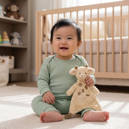 Baby in a green outfit holding a plush giraffe comforter toy in a nursery