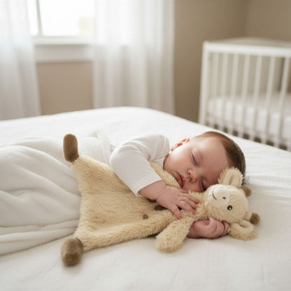 Child sleeping with a plush comforter toy on a bed in a softly lit room