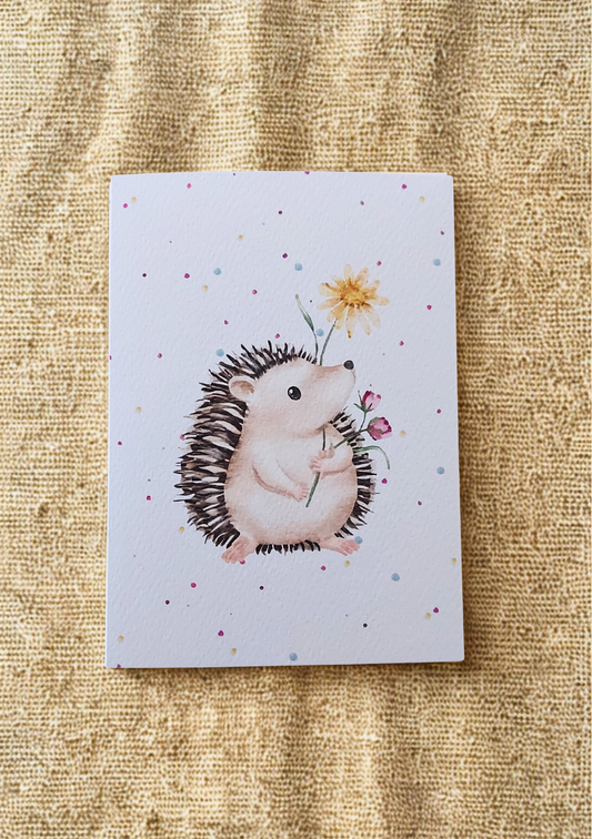 Greetings Card - Watercolour Hedgehog. Blank inside. On plain linen cloth background.