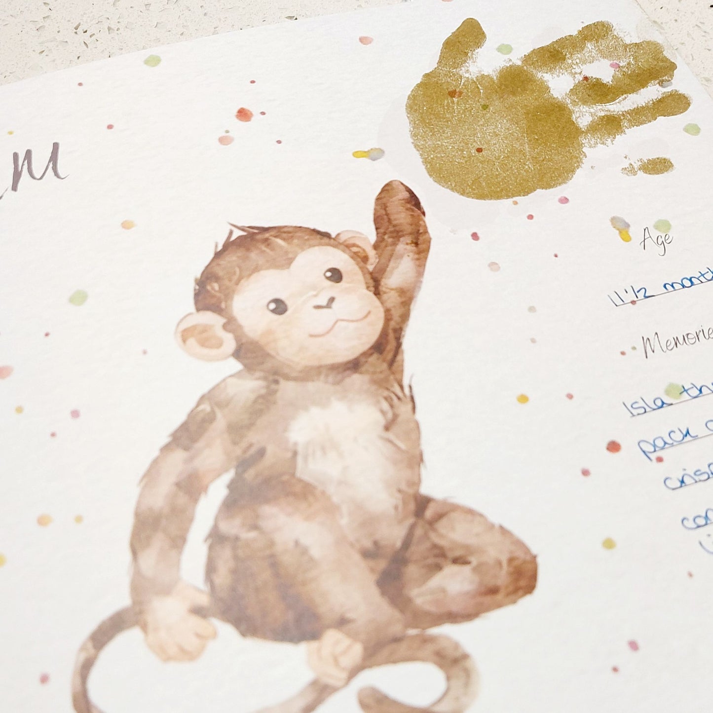 Little Paws Big Memories ABC Animals baby handprint and footprint keepsake memory book kit. Newborn baby gift idea, baby shower gift idea. Christening present.  Baby handprint monkey hand page