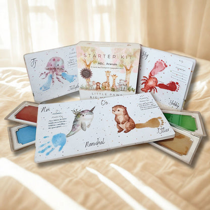 Hand and footprint memory keepsake book starter kit with 4 mess free clean touch ink pads