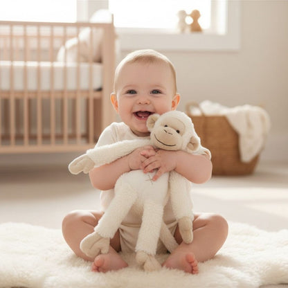 Happy baby holding a plush monkey toy in a nursery setting