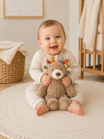 A baby holding a plush toy lion in a nursery 