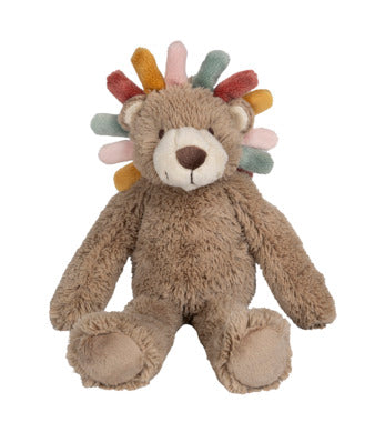 soft plush lion teddy with a colourful mane, sitting on a plain white background