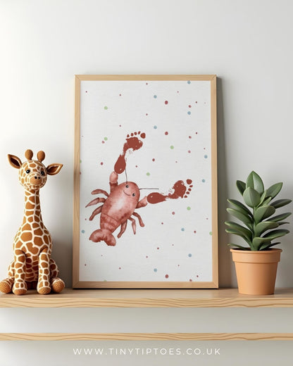 Framed illustration of a lobster with footprint claws on a shelf with a toy giraffe and plant.