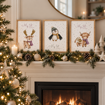 My First Christmas Keepsake Bundle reindeer penguin and highland cow completed with baby hand & footprints, sitting on mantelpeice with christmas tree and christmas decorations.