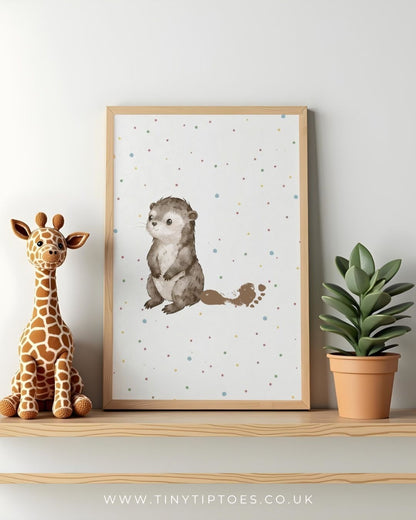 Framed children's illustration of an otter with footprint on a shelf with a toy giraffe and plant.