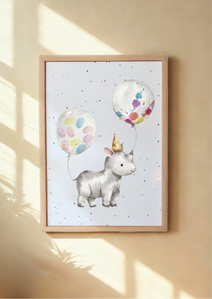 Framed artwork of a rhino with colorful fingerprints in the balloons on a light background