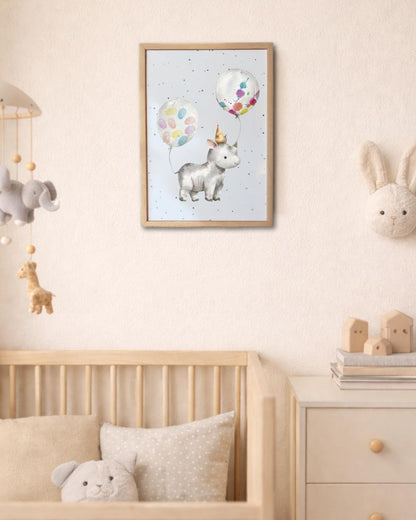 baby Nursery room with a framed picture of a rhino with colourful fingerprints in the balloon balloons, a cot, and toys.